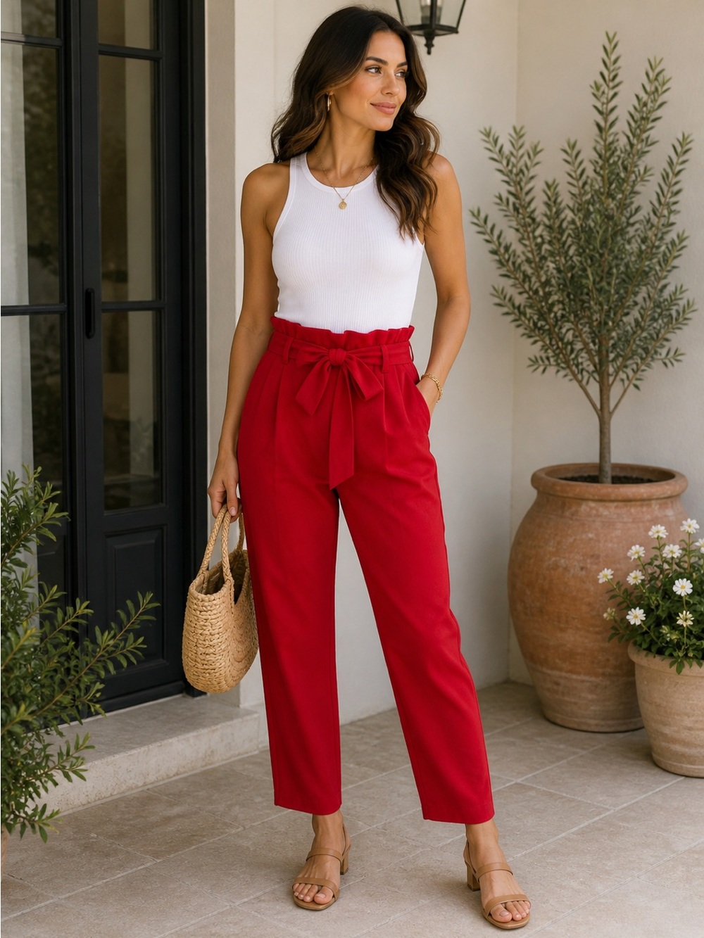 Paperbag Waist High-Rise Pants - Red